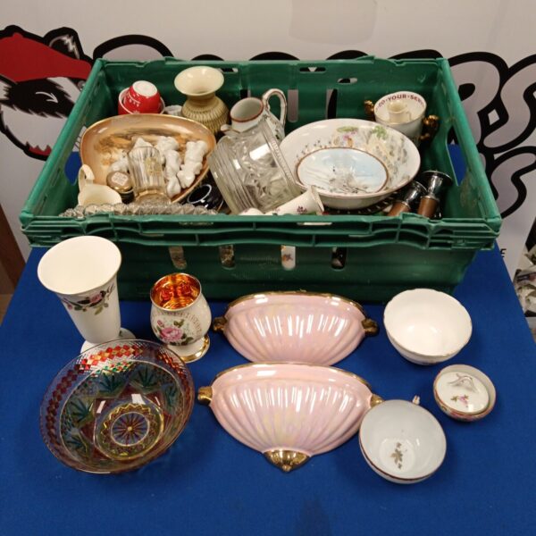 Mixed china and porcelain lot with vintage Wedgwood pieces.