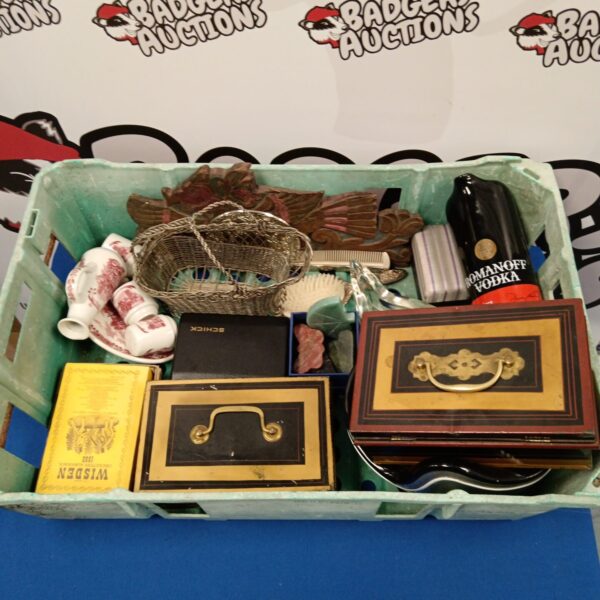 Vintage mixed lot on a tray with cash tins and curios.