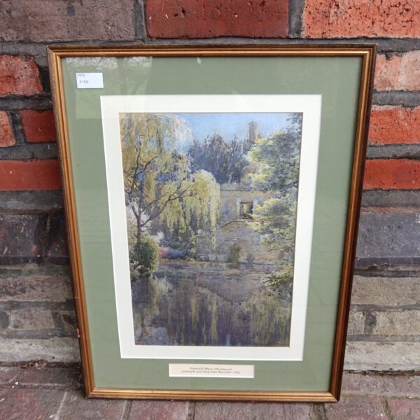 Vintage Charles Edwin Flower print of Le Manoirs 17th century pond landscape.
