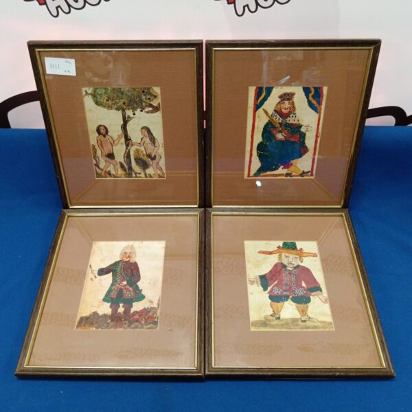 Set of four framed king and Adam and Eve prints for wall art.