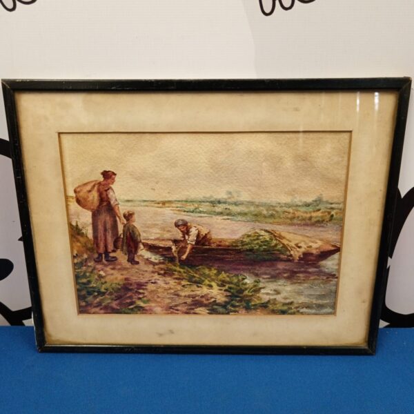 Antique watercolour painting of a fisherman and his family by a river.