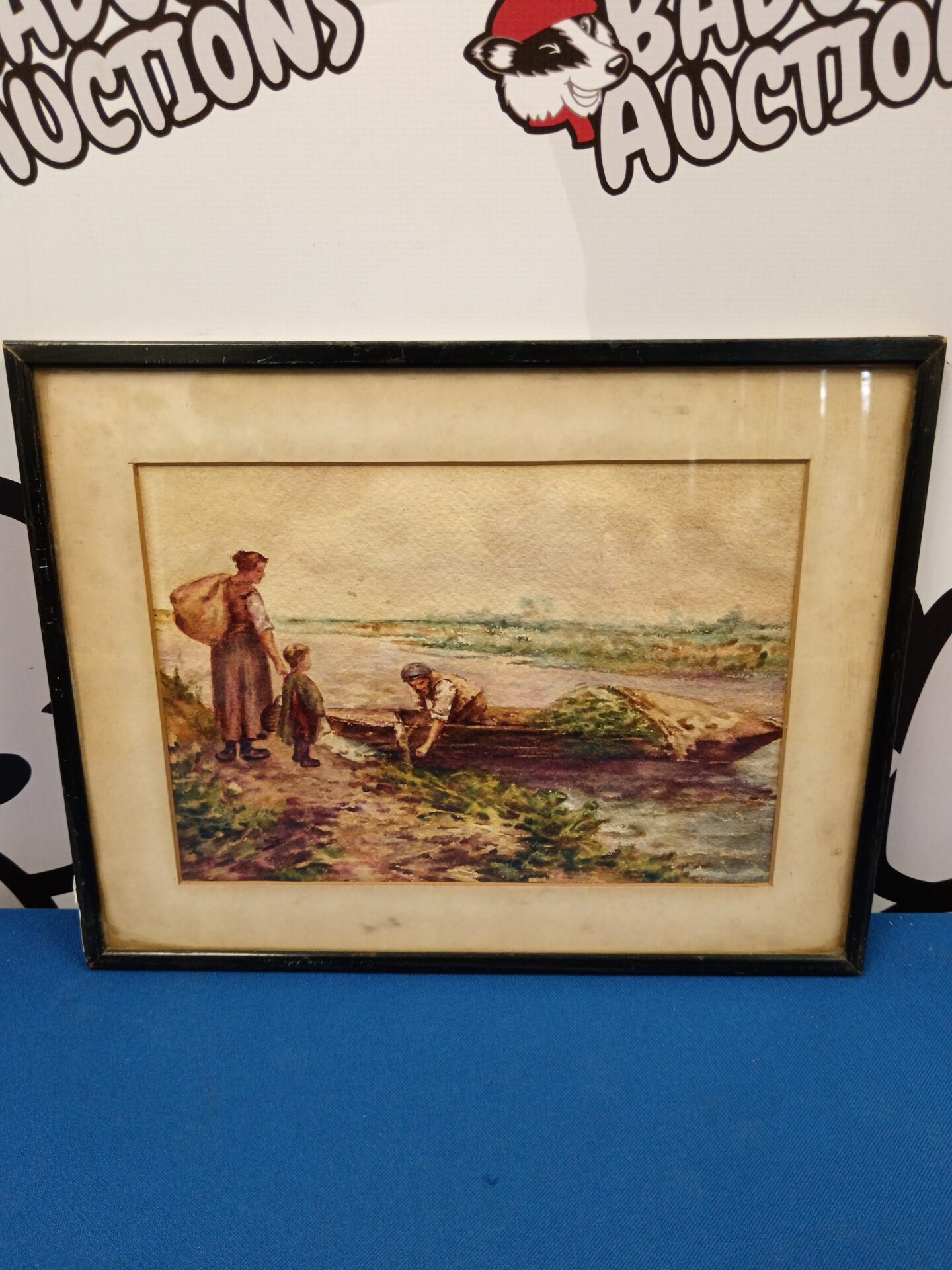 656 Antique framed watercolour of a fisherman & family