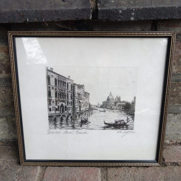 Signed vintage woodblock print of a Venice canal scene.