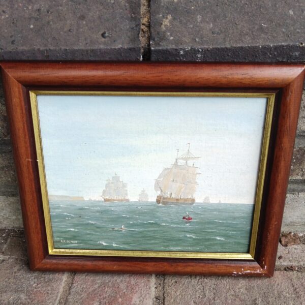 Vintage A R Oliver oil painting of galleons sailing on a dramatic seascape.
