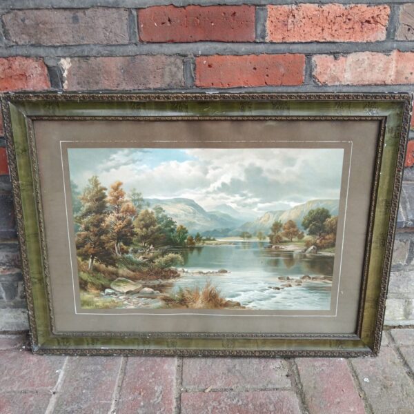 Vintage river fisherman print by W H Manderlos in a decorative frame.