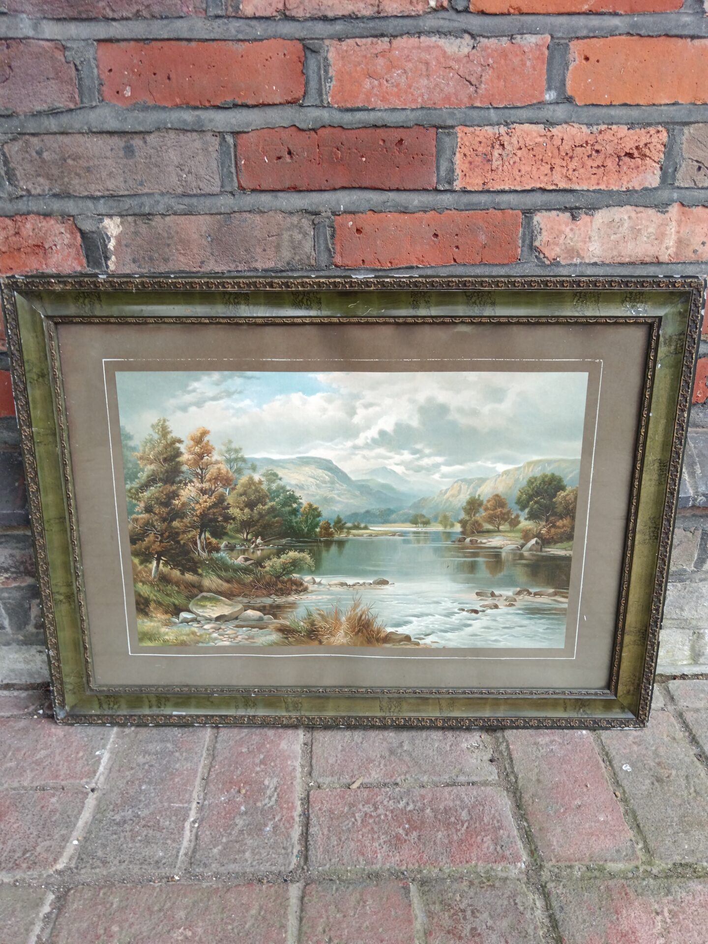 677 Vintage w h manderlos framed print of river fisherman