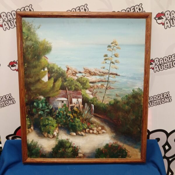 Signed 1992 coastal oil painting by Podi, depicting a seaside scene.