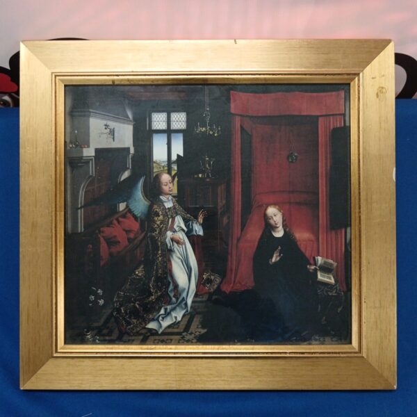 Framed print of Rogier van der Weyden’s “The Annunciation” religious artwork.