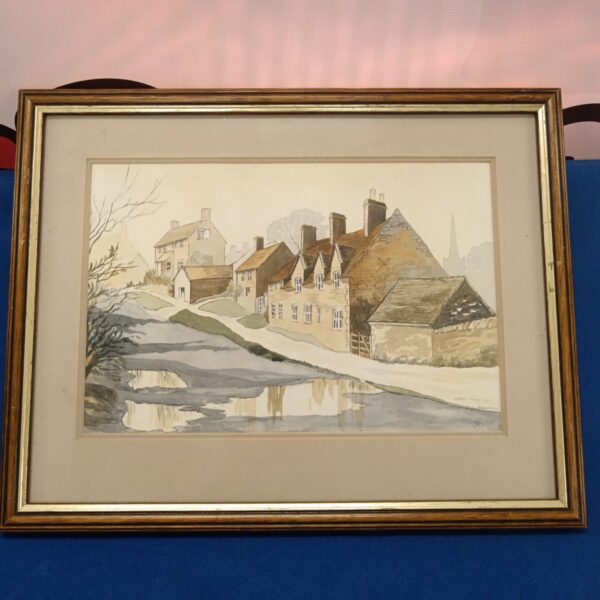 Truda Sharps watercolour painting of a quaint village scene.