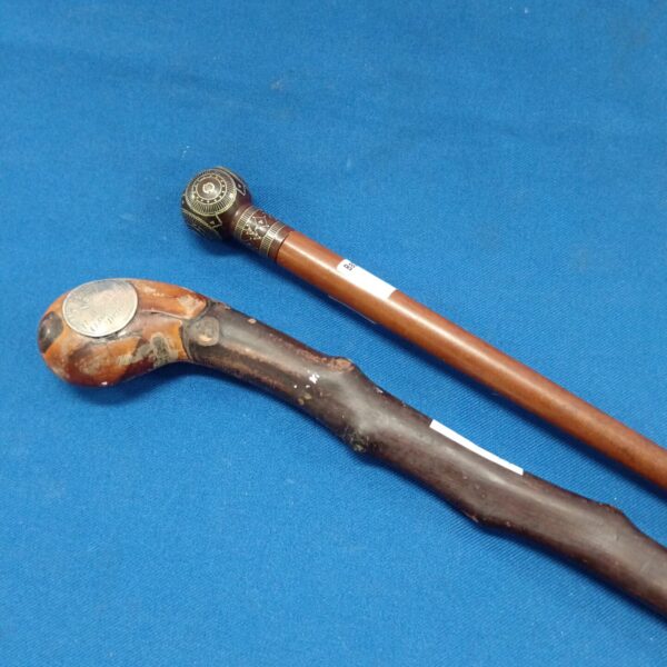 Close-up of vintage walking stick with silver inlay and Derry coin.