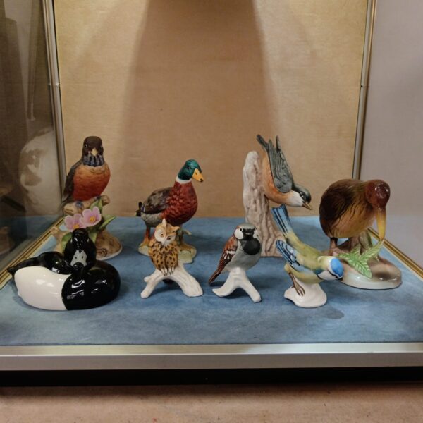Vintage bird ornament collection featuring porcelain figurines.