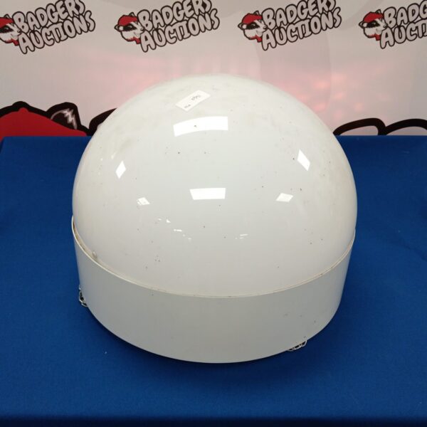 Large industrial hacel light shade with curved design.