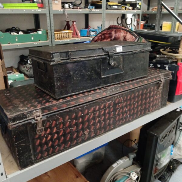 Antique Gieves Ltd navy uniform trunk with metal construction.