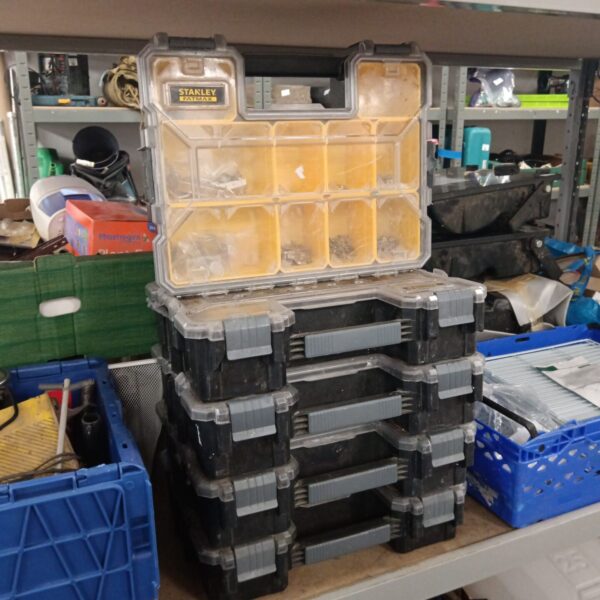 Stack of five durable Stanley Fatmax tool cases for tool storage.