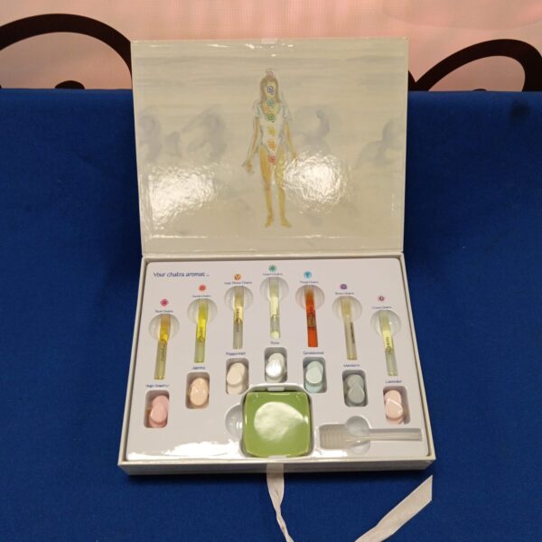 New chakra aroma set with colourful packaging for wellness.
