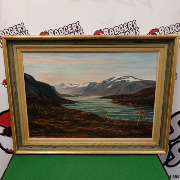 Vintage oil painting of Saltoluokta mountains by Otnmay, serene landscape art.