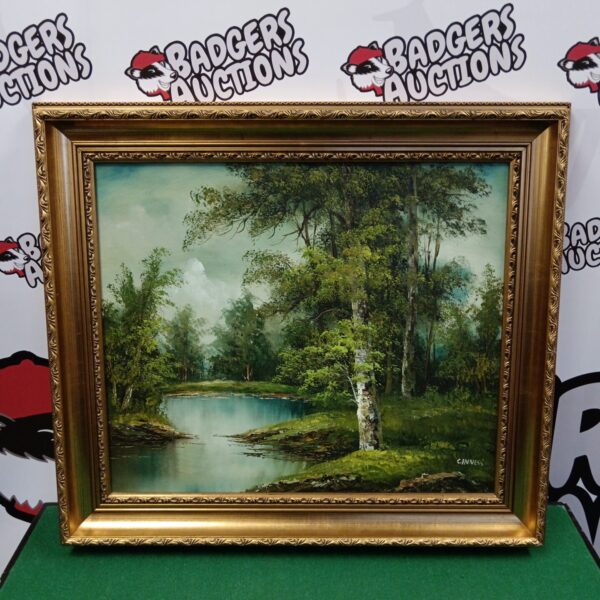 Vintage oil painting of a woodland lake scene signed C Innes.