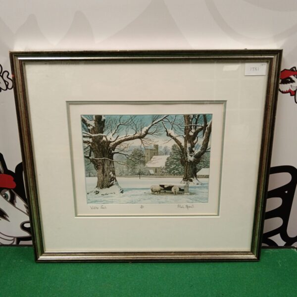 Signed limited edition Mark Spain winter feed print with cattle.