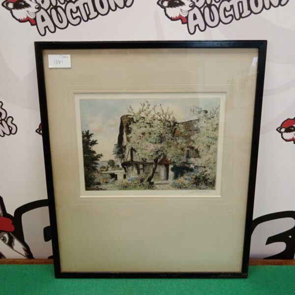 Antique Joseph Kirkpatrick etching of a quaint cottage in a rural landscape.
