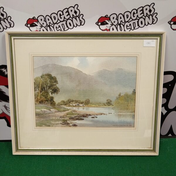 Denis Dellow watercolour painting of lakeside cottages and a tranquil landscape.