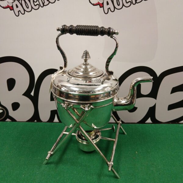 Antique silver plate spirit kettle with burner and legs.