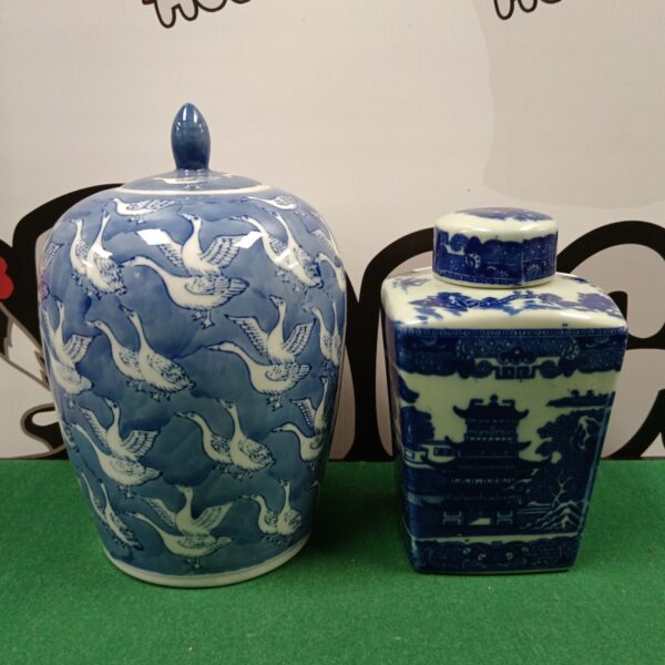 Vintage blue and white Chinese ginger jar with lid.