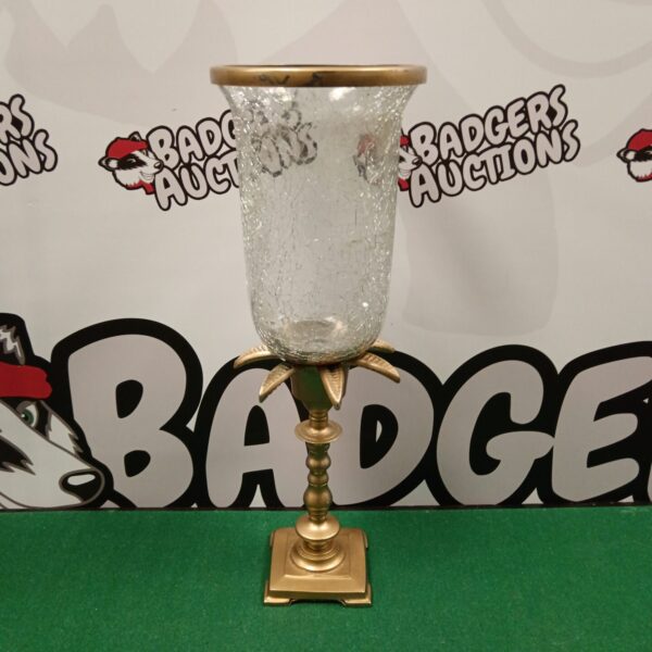 Vintage crackle glass hurricane lamp with metal base.
