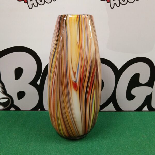 Vibrant multicoloured striped art glass vase for display.