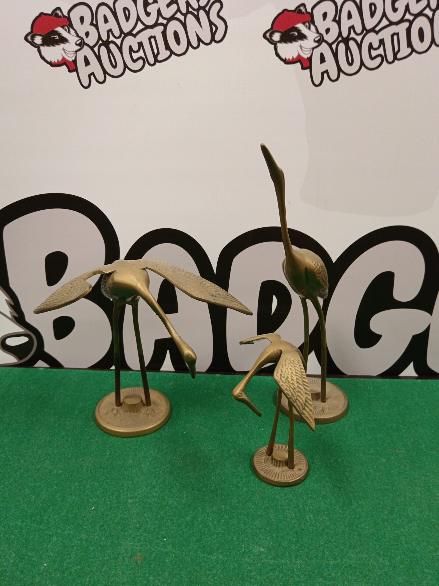 045 Set of three brass crane bird ornaments