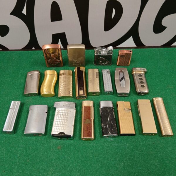 Vintage gas lighters collection, including Ronson examples, for collectors.