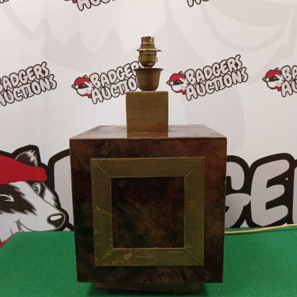Vintage cube table lamp with brass detailing and wooden base.