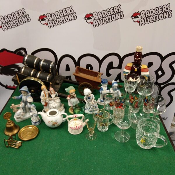 Vintage china ornaments and glassware lot for collectors.