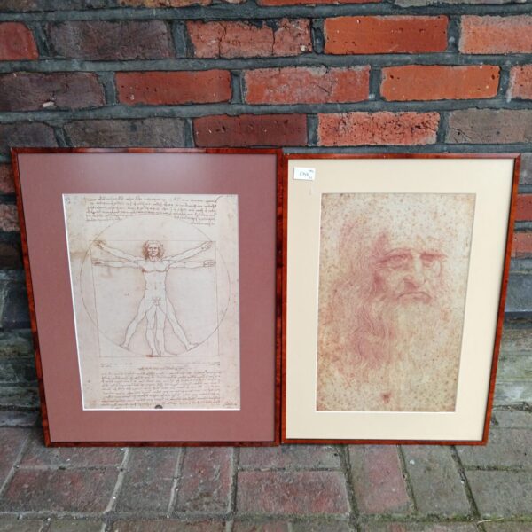 Pair of framed Leonardo da Vinci inspired Renaissance art prints.