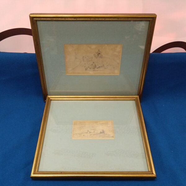 Pair of antique pencil drawings depicting rural farm scenes.