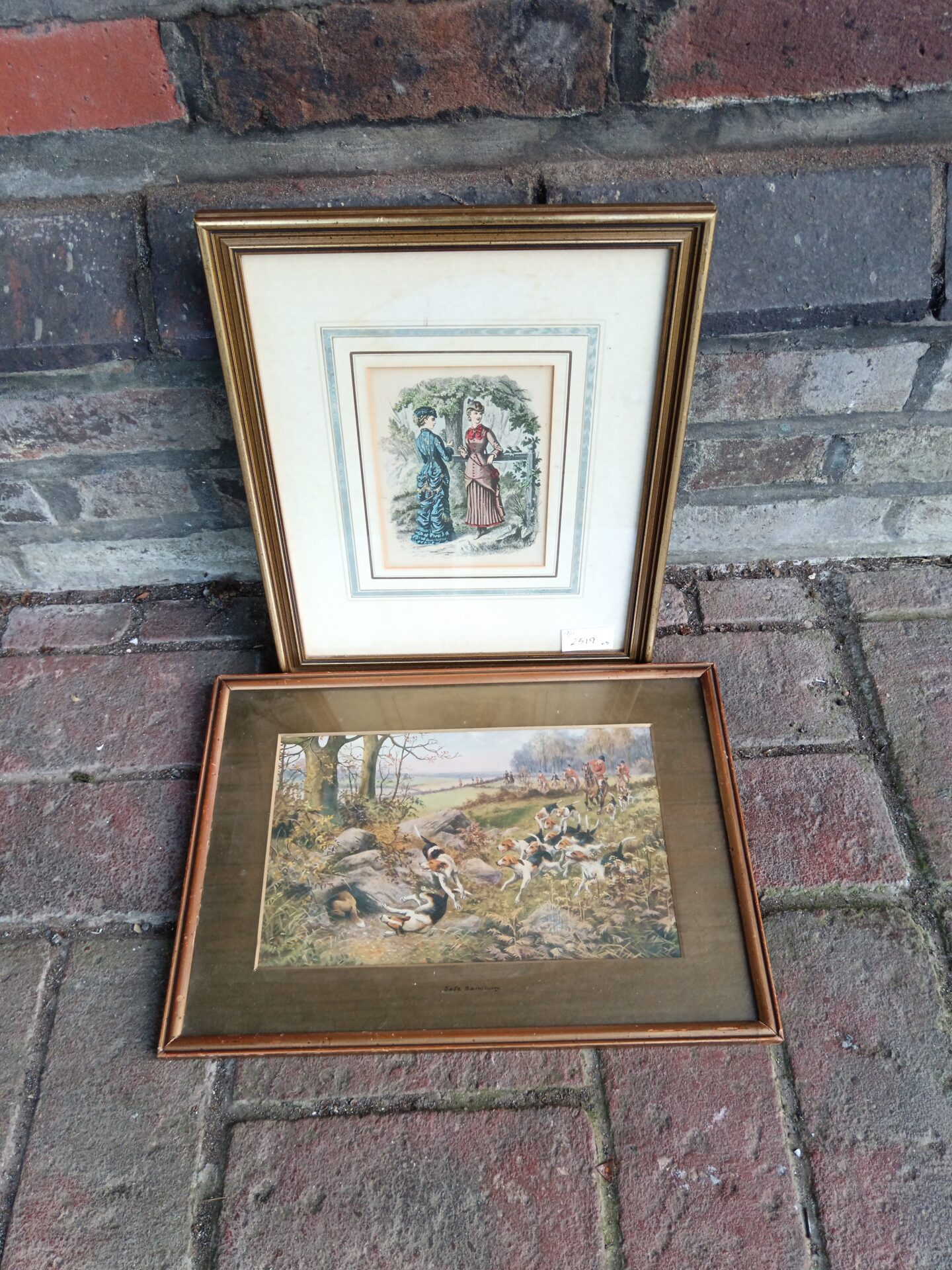 688 Victorian engraving of elegant ladies & vintage hunt scene print titled safe sanctuary by Cecil Aldin