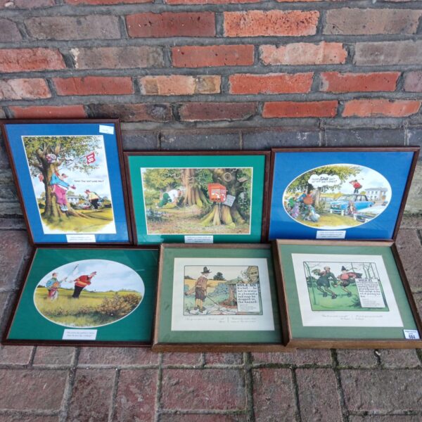 Framed comical golf print depicting a golfer swinging.
