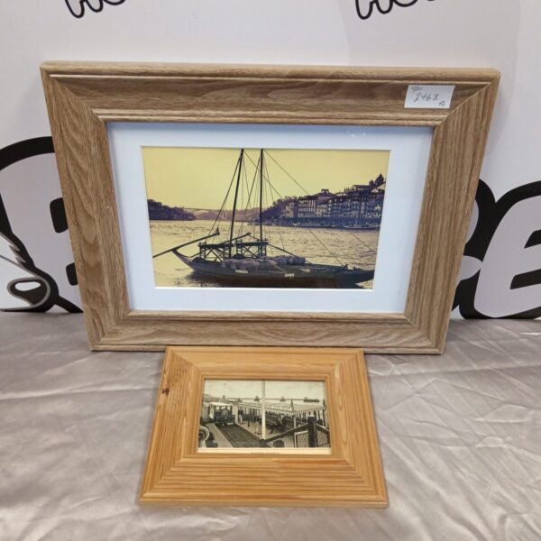 Vintage framed photograph of a dock and electric railway station.