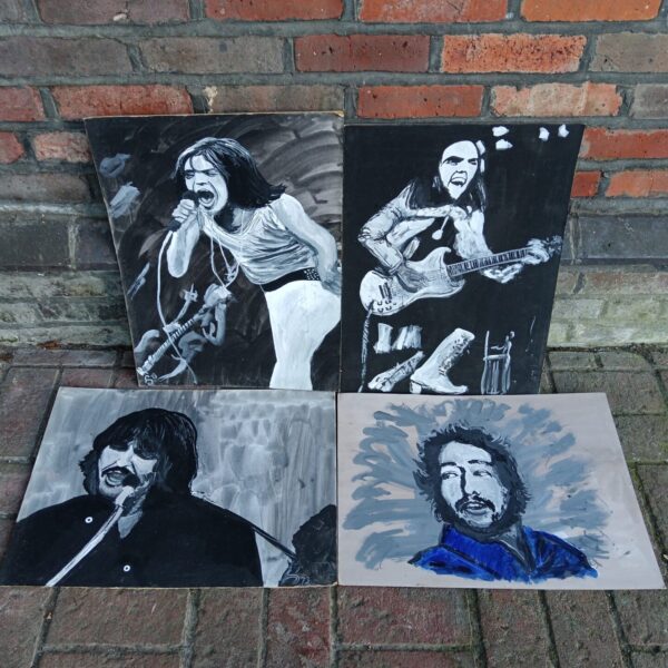 Four original pop art oil paintings of rock stars including bob Dylan