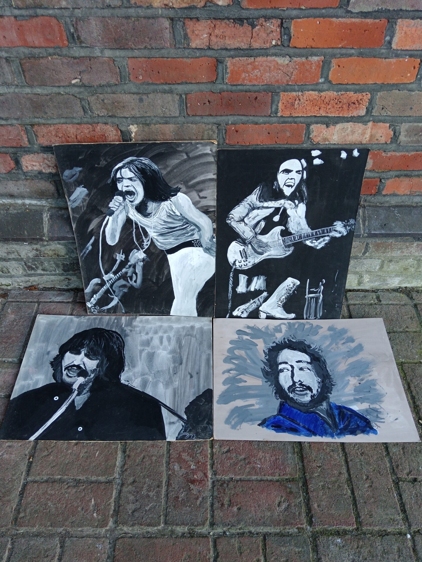 686 Four original pop art oil paintings of rock stars including bob Dylan