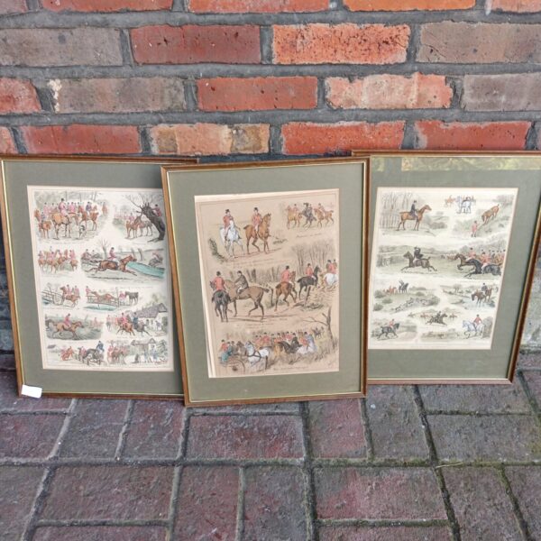 Set of three vintage hand-coloured hunt prints in wooden frames.