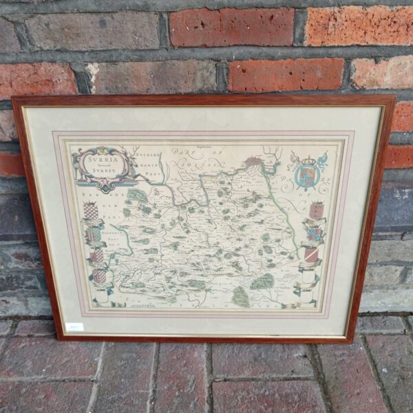 Framed vintage map of Surrey, detailed topographical county print.