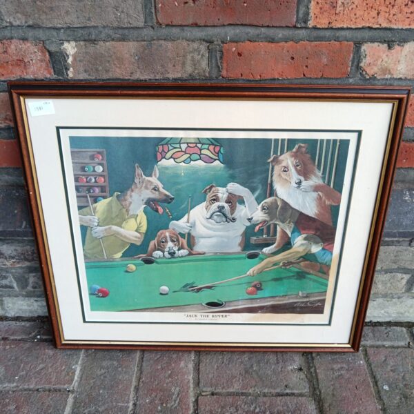 Vintage Arthur Sarnoff print of dogs playing pool, titled "Jack the Ripper".