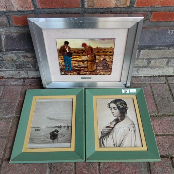 Vintage framed prints and enameled panel depicting farmers, inspired by Millet.
