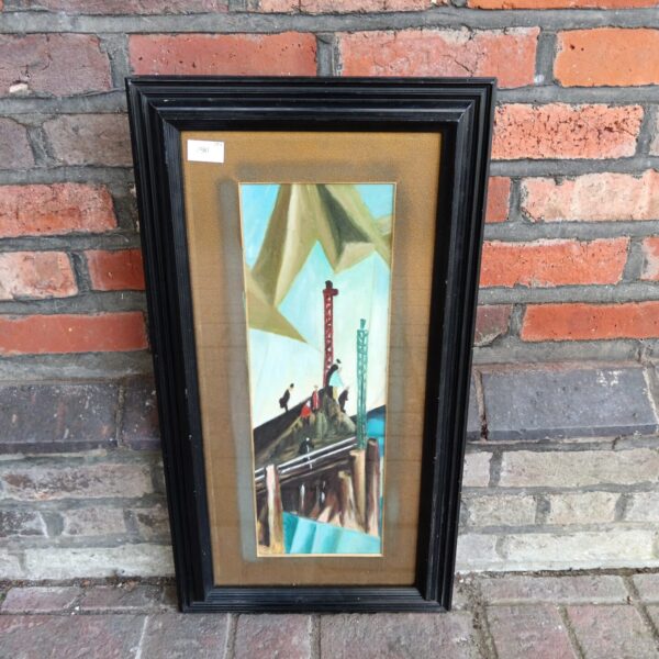 Vintage surrealist oil painting of a coastal scene with figures.