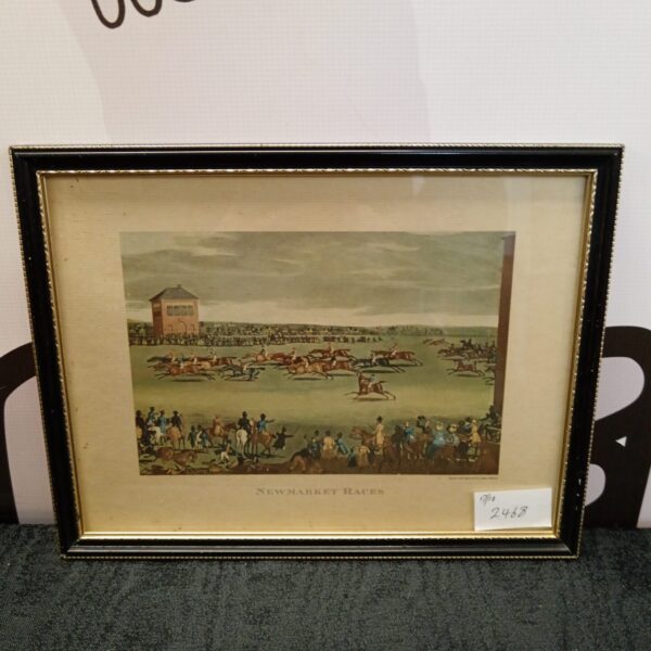 Vintage James Pollard engraving of a bustling Newmarket Races scene.