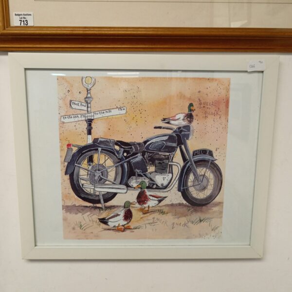 Framed motorcycle duck print by John Edwards, vintage motorcycle art.