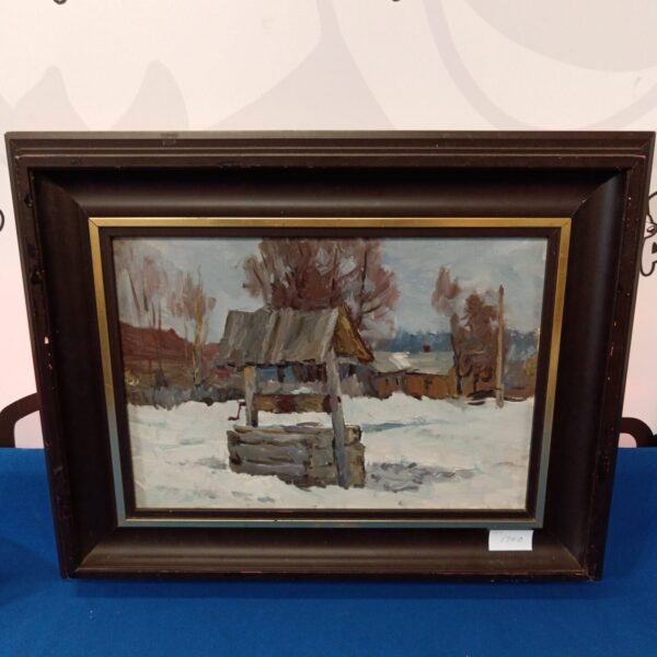 Signed Russian impressionist painting of a winter landscape scene.