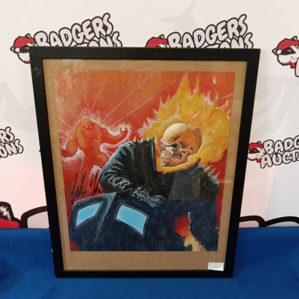 Framed Alex Ross painting of Ghost Rider, a Marvel superhero.