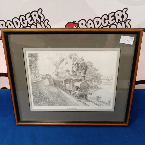 Vintage print of Basseneite Lake with a steam train by John S Gibb.