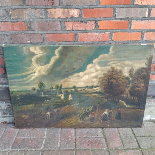 Antique 17th-century Flemish landscape painting with figures and livestock.